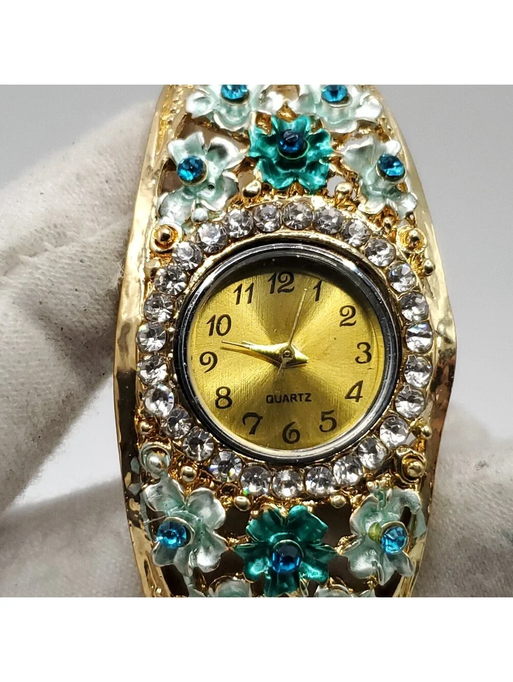 Crystal Floral Watch Women 25mm Gold Tone Green Blue Gold Tone Bangle New Batter